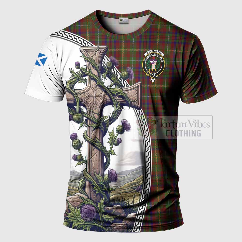MacMaster (McMaster) Tartan T-Shirt with Family Crest and St. Andrew's Cross Accented by Thistle Vines - Tartan Vibes Clothing