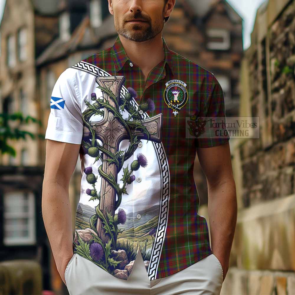 MacMaster (McMaster) Tartan Hawaiian Shirt with Family Crest and St. Andrew's Cross Accented by Thistle Vines - Tartan Vibes Clothing