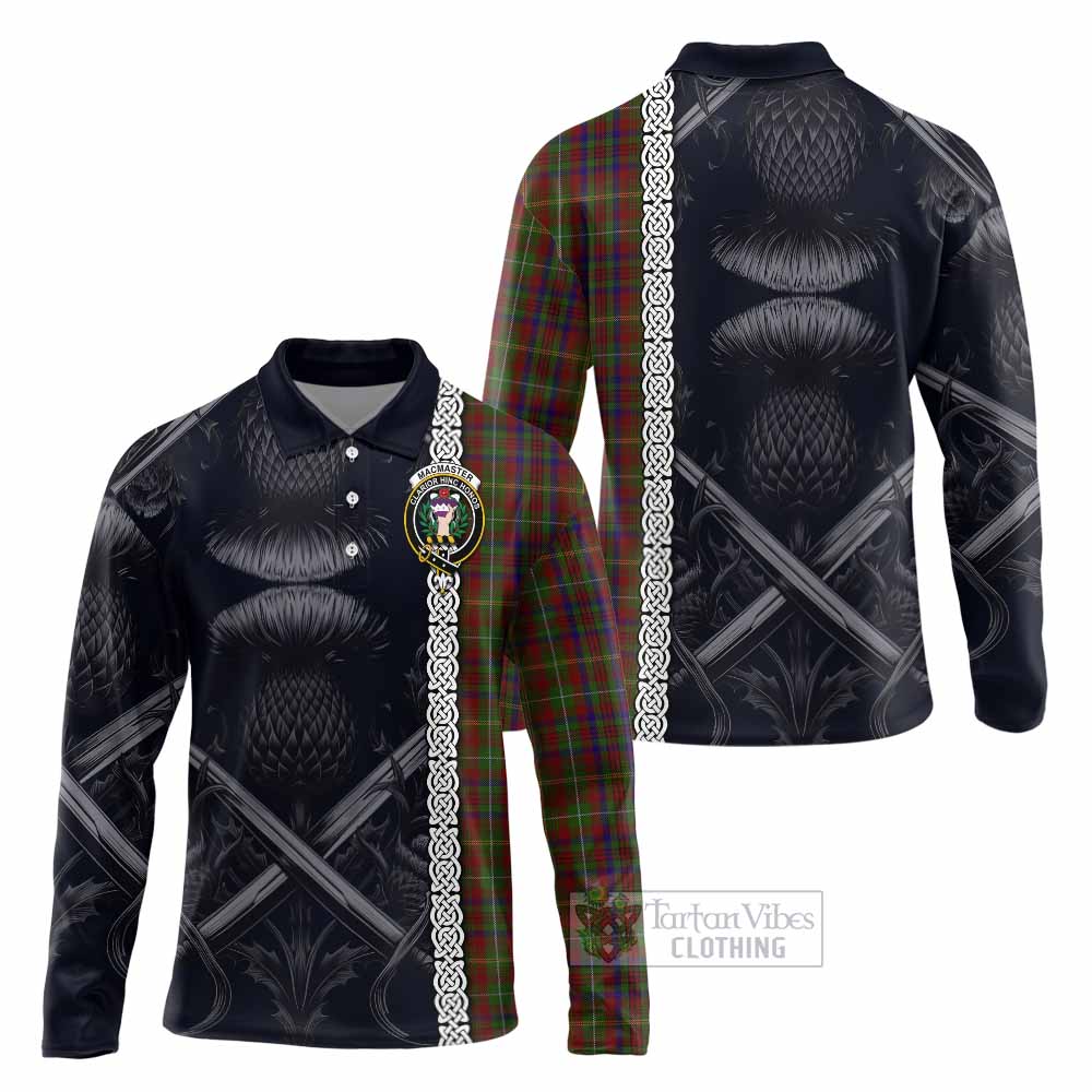 MacMaster (McMaster) Tartan Long Sleeve Polo Shirt with Family Crest Cross Sword Thistle Celtic Vibes - Tartan Vibes Clothing
