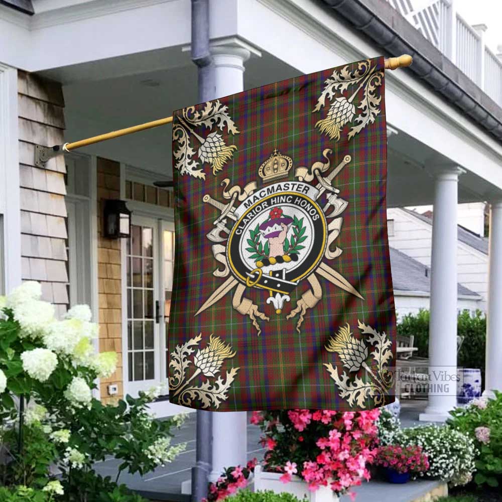 Tartan Vibes Clothing MacMaster (McMaster) Tartan Flag with Family Crest and Golden Thistle Crossed Sword Design