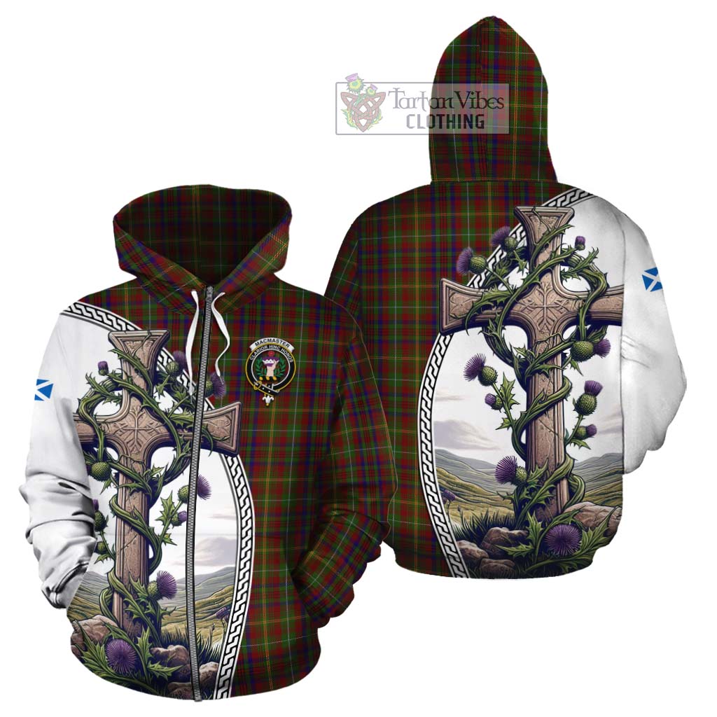 MacMaster (McMaster) Tartan Cotton Hoodie with Family Crest and St. Andrew's Cross Accented by Thistle Vines - Tartan Vibes Clothing