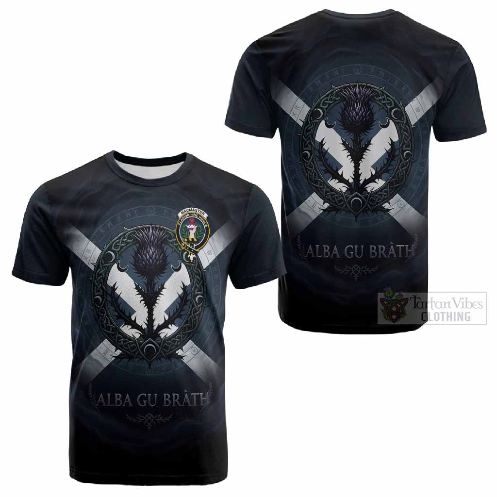 MacMaster (McMaster) Clan Crest Cotton T-shirt with Celtic Knot Thistle and Saltire - Tartan Vibes Clothing