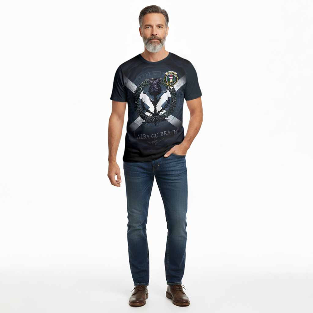 MacMaster (McMaster) Clan Crest Cotton T-shirt with Celtic Knot Thistle and Saltire - Tartan Vibes Clothing