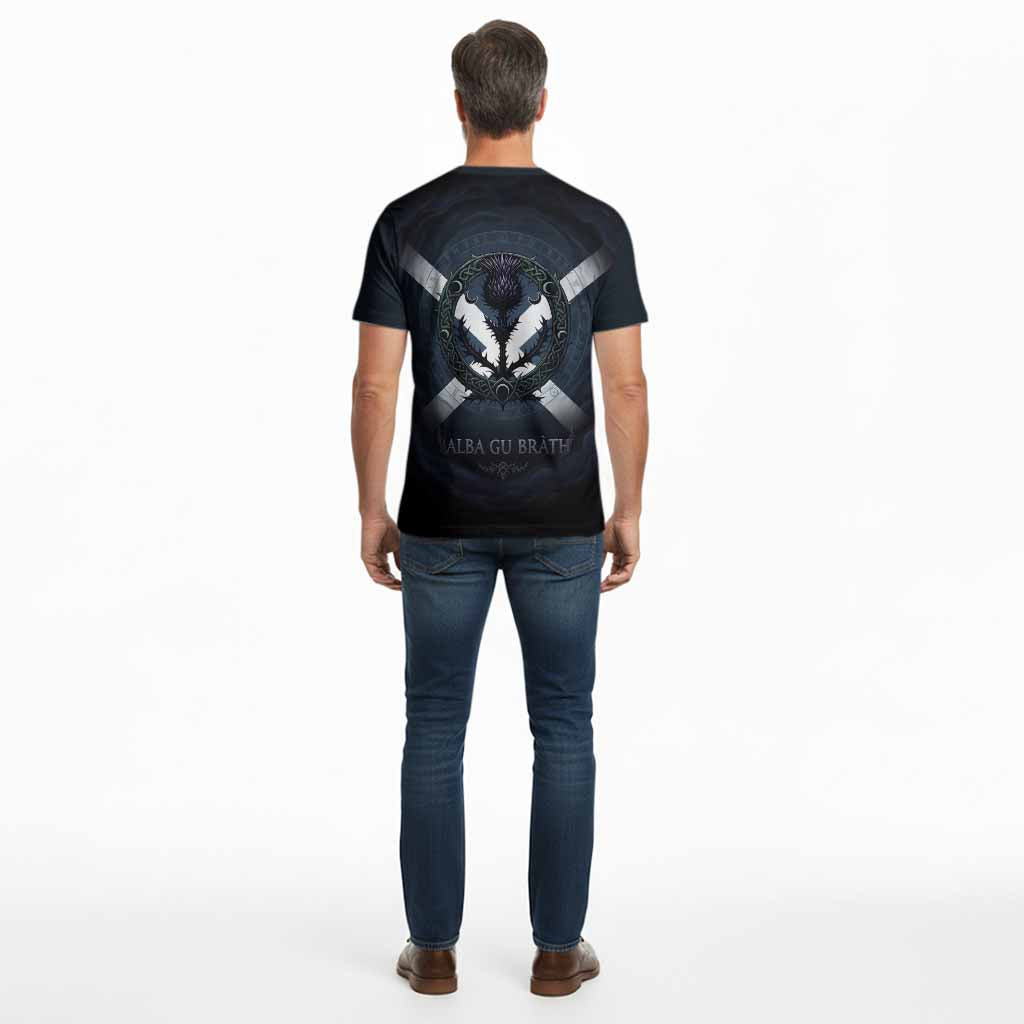 MacMaster (McMaster) Clan Crest Cotton T-shirt with Celtic Knot Thistle and Saltire - Tartan Vibes Clothing