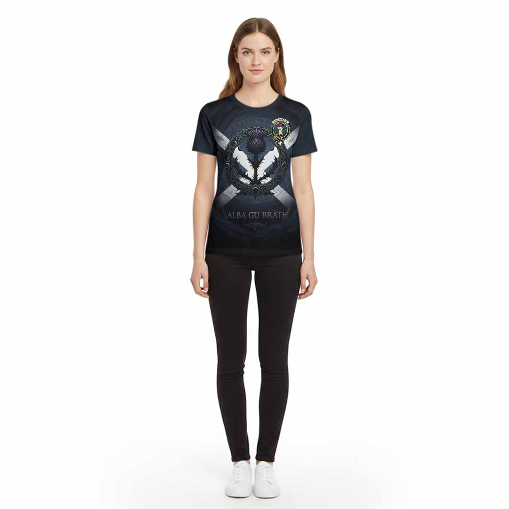 MacMaster (McMaster) Clan Crest Cotton T-shirt with Celtic Knot Thistle and Saltire - Tartan Vibes Clothing