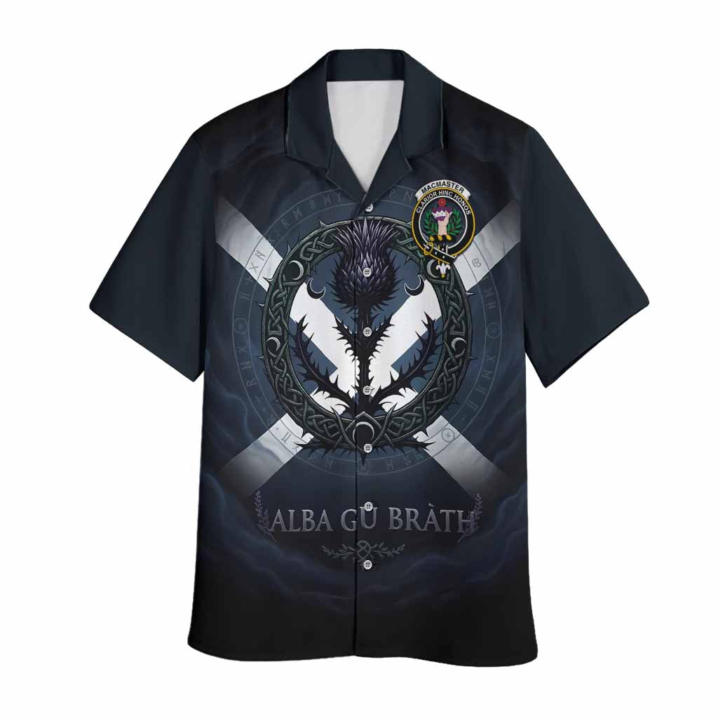 MacMaster (McMaster) Clan Crest Hawaiian Shirt with Celtic Knot Thistle and Saltire