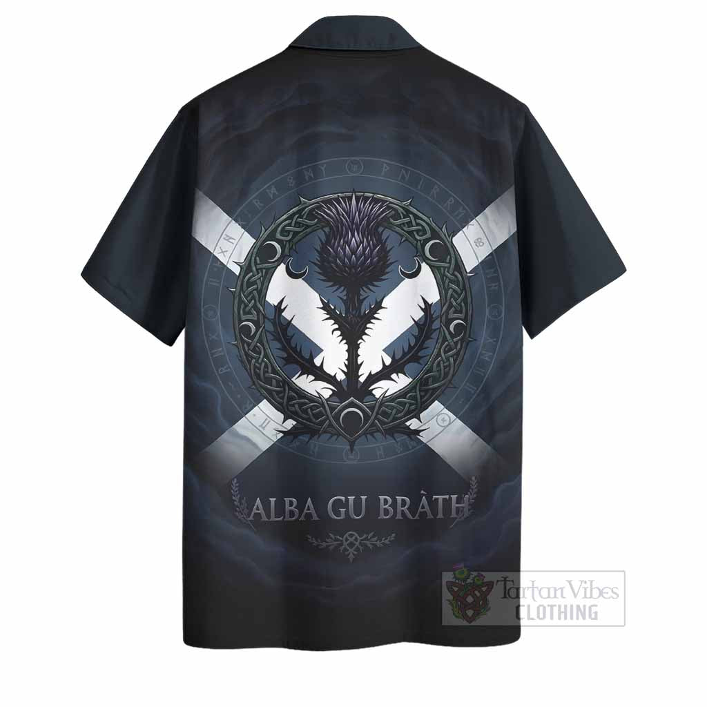 MacMaster (McMaster) Clan Crest Hawaiian Shirt with Celtic Knot Thistle and Saltire