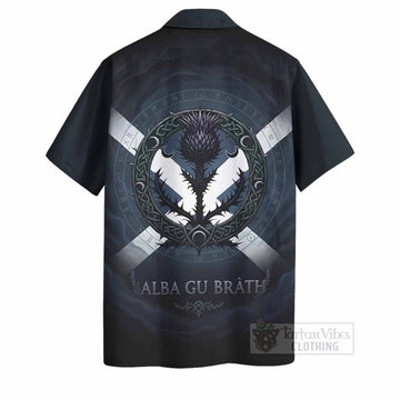 MacMaster (McMaster) Clan Crest Hawaiian Shirt with Celtic Knot Thistle and Saltire