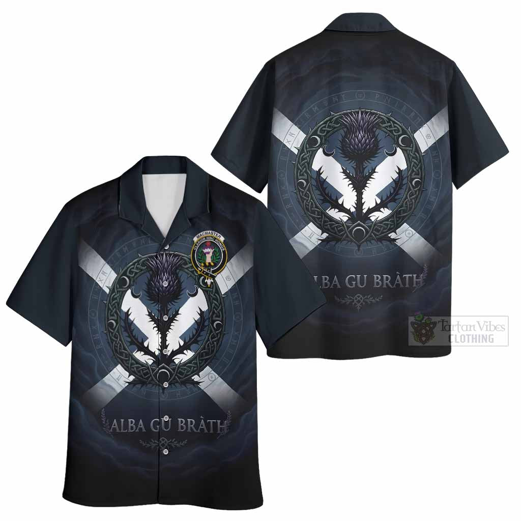 MacMaster (McMaster) Clan Crest Hawaiian Shirt with Celtic Knot Thistle and Saltire