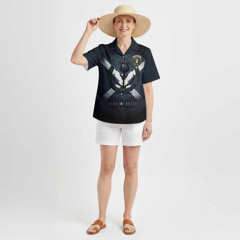 MacMaster (McMaster) Clan Crest Hawaiian Shirt with Celtic Knot Thistle and Saltire