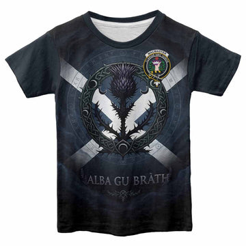 MacMaster (McMaster) Clan Crest Kid T-shirt with Celtic Knot Thistle and Saltire Youth XL Size14 - Tartan Vibes Clothing