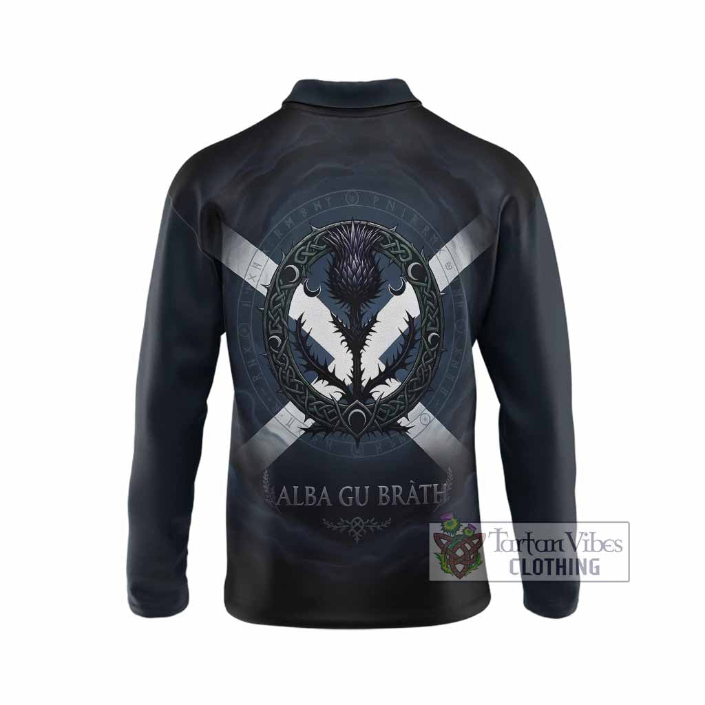 MacMaster (McMaster) Clan Crest Long Sleeve Polo Shirt with Celtic Knot Thistle and Saltire