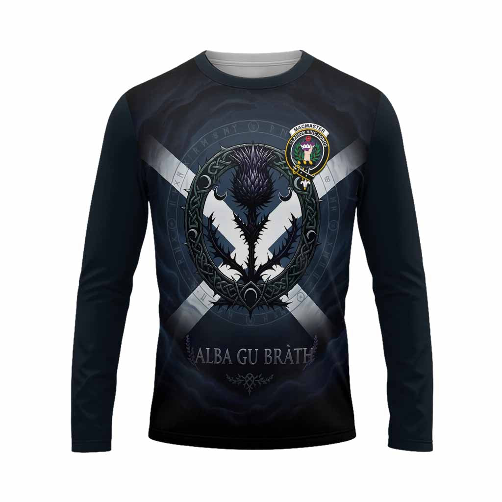 MacMaster (McMaster) Clan Crest Long Sleeve T-Shirt with Celtic Knot Thistle and Saltire