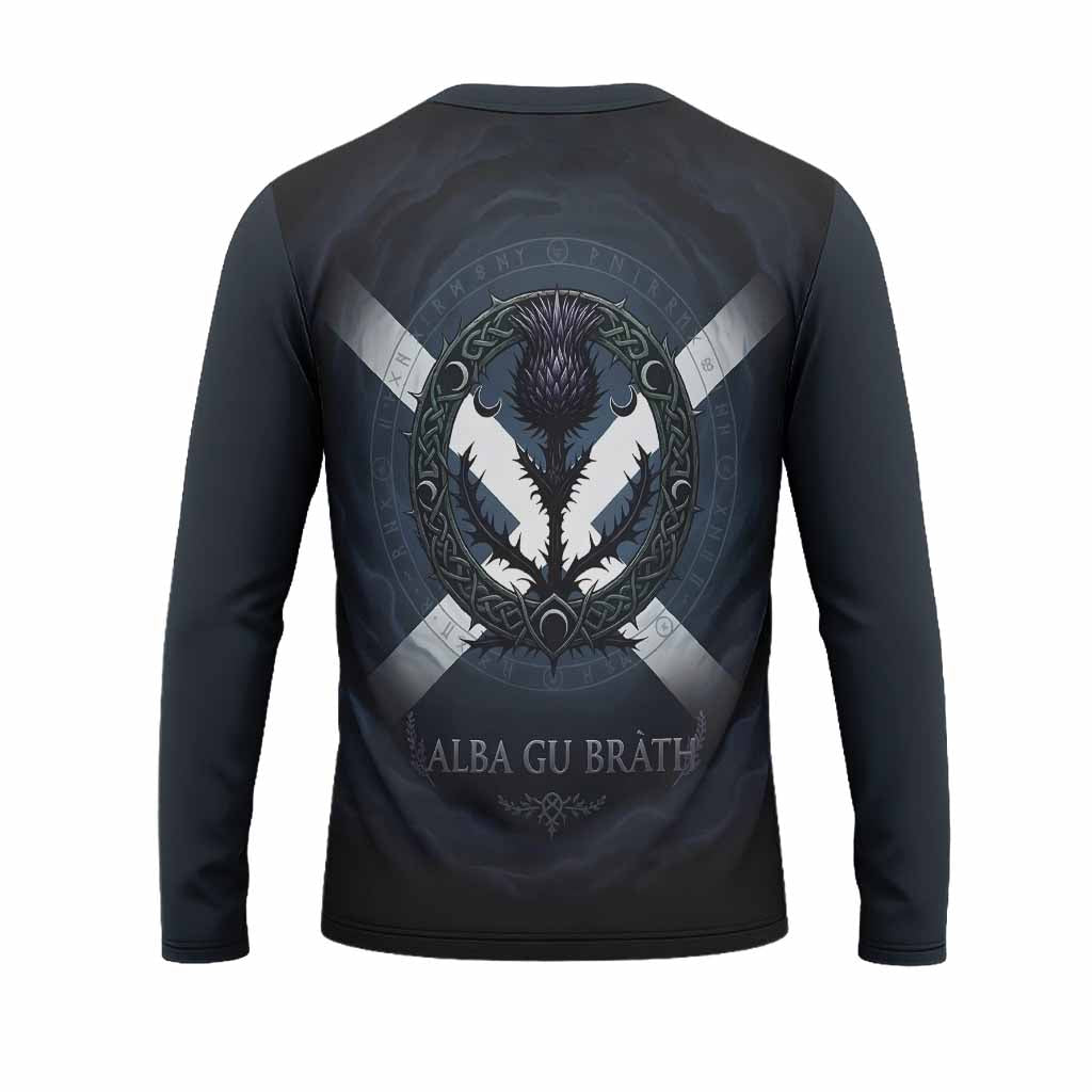 MacMaster (McMaster) Clan Crest Long Sleeve T-Shirt with Celtic Knot Thistle and Saltire