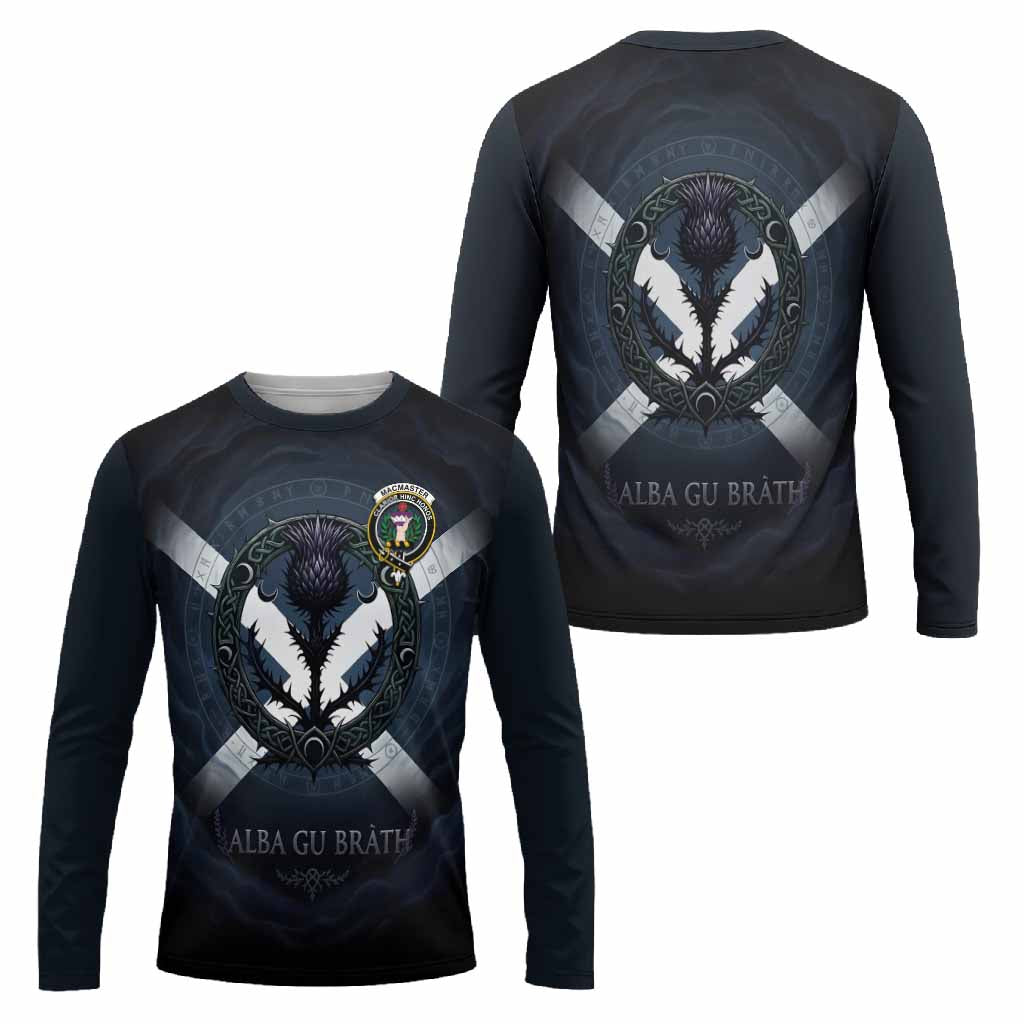 MacMaster (McMaster) Clan Crest Long Sleeve T-Shirt with Celtic Knot Thistle and Saltire