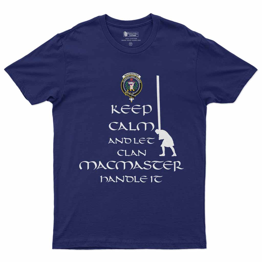 MacMaster (McMaster) Clan Crest Men's T-Shirt Caber Toss Highland Games Navy - Tartan Vibes Clothing