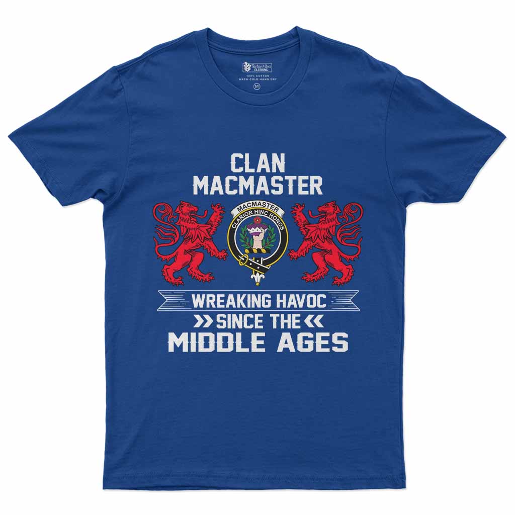 MacMaster (McMaster) Clan Crest Men's T-Shirt Wreaking Havoc Royal Blue - Tartan Vibes Clothing