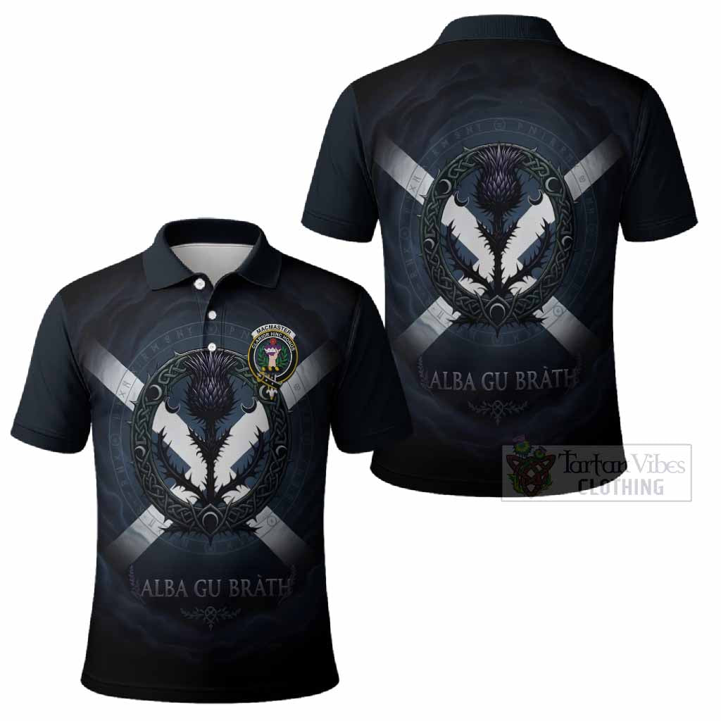 MacMaster (McMaster) Clan Crest Polo Shirt with Celtic Knot Thistle and Saltire - Tartan Vibes Clothing