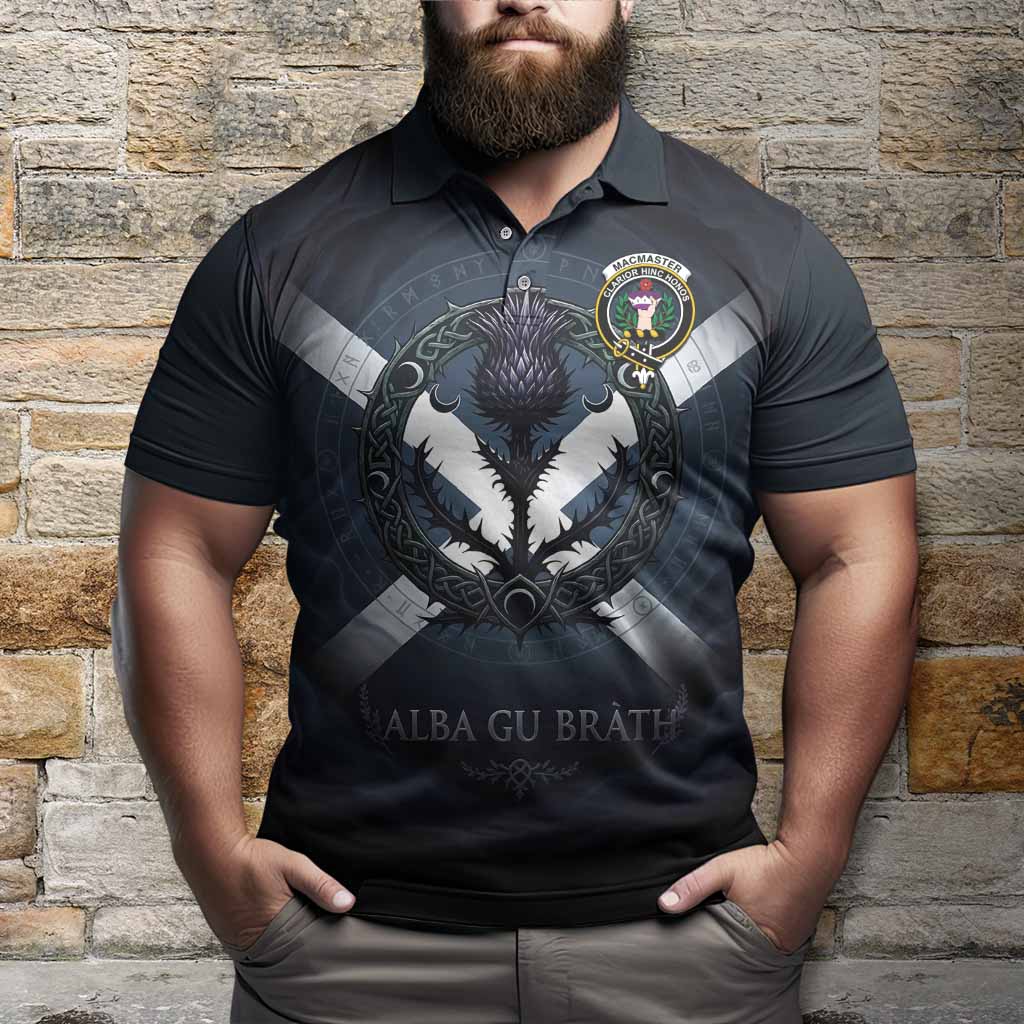 MacMaster (McMaster) Clan Crest Polo Shirt with Celtic Knot Thistle and Saltire - Tartan Vibes Clothing