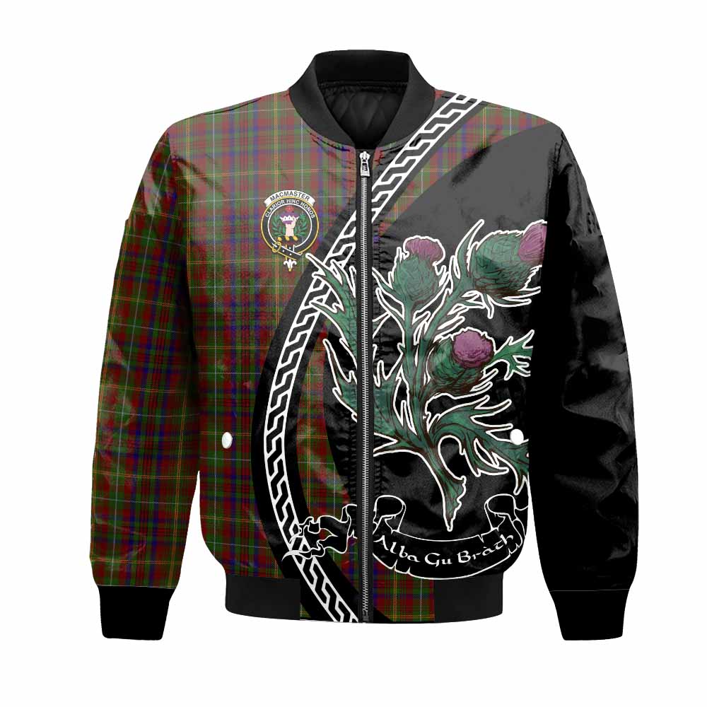MacMaster (McMaster) Family Crest Tartan Bomber Jacket Alba Thistle Inspired Unisex Black - Tartan Vibes Clothing