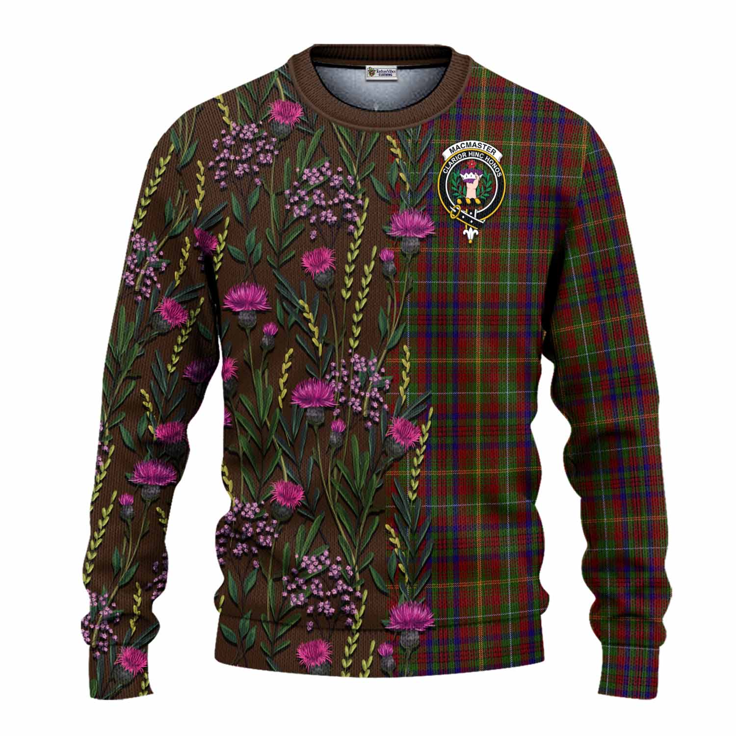 MacMaster (McMaster) Family Crest Tartan Knitted Sweater Scottish Thistle Flower Pattern Half Style - Tartan Vibes Clothing