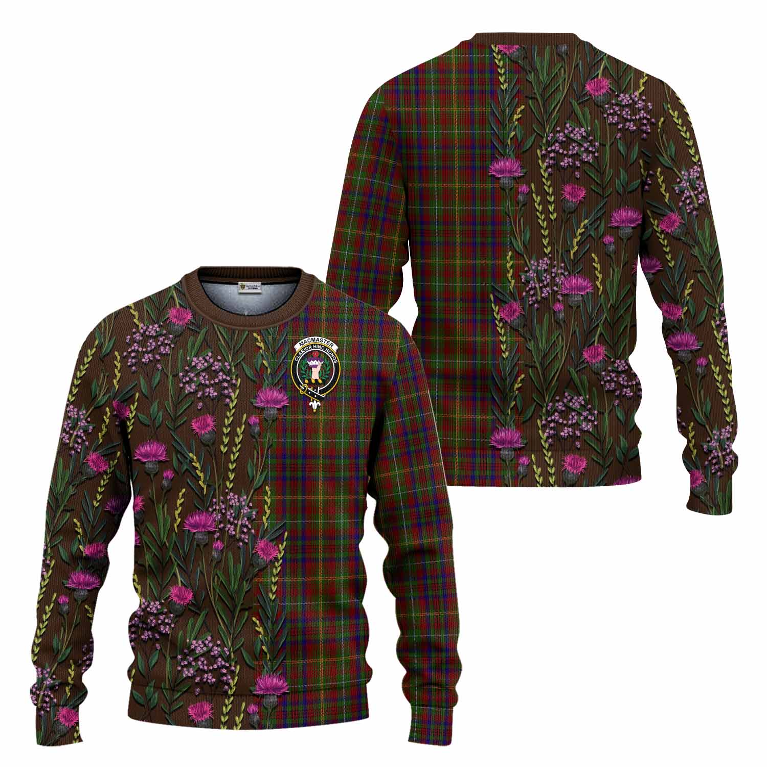 MacMaster (McMaster) Family Crest Tartan Knitted Sweater Scottish Thistle Flower Pattern Half Style - Tartan Vibes Clothing