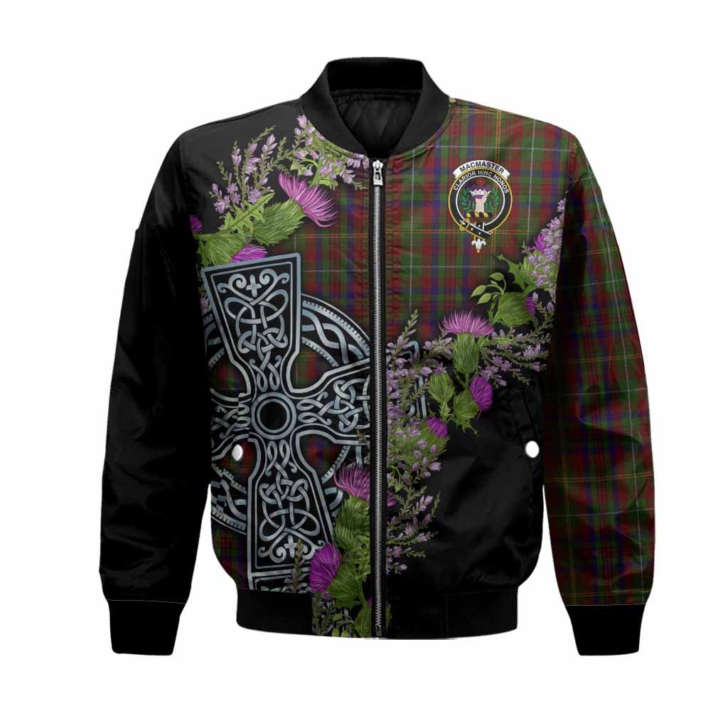 MacMaster (McMaster) Scottish Fraoch Thistle Tartan Bomber Jacket Celtic Cross Unisex Black - Tartan Vibes Clothing