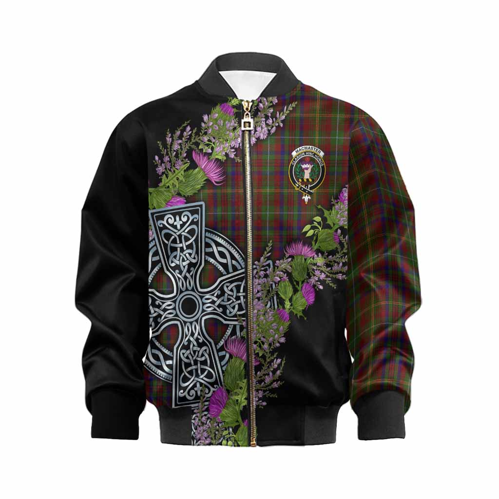 MacMaster (McMaster) Scottish Fraoch Thistle Tartan Kid Bomber Jacket Celtic Cross