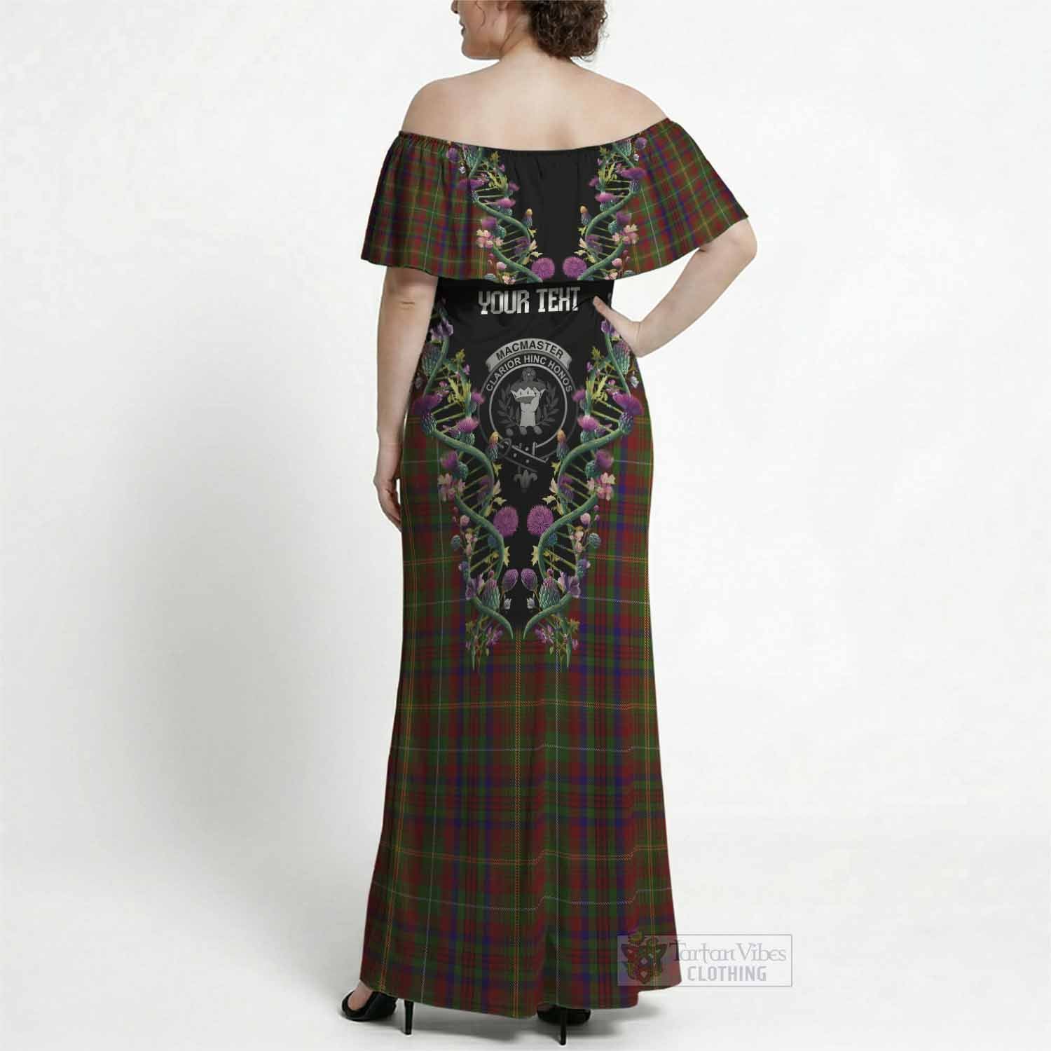 MacMaster (McMaster) Tartan Crest Off Shoulder Ruffle Maxi Dress Scottish Heritage Thistle DNA