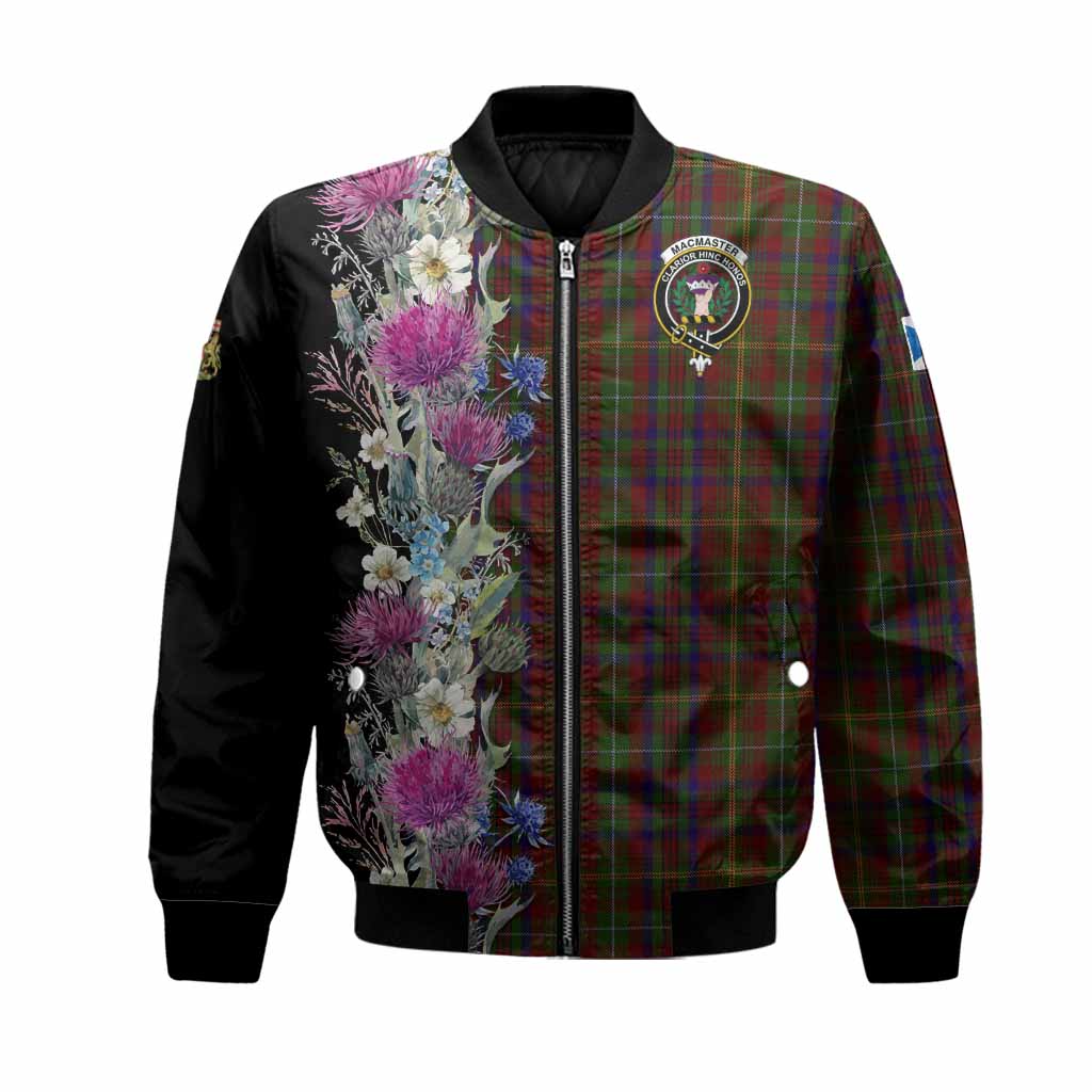 MacMaster (McMaster) Tartan Crest Thistle Floral Bomber Jacket Unisex Black - Tartan Vibes Clothing