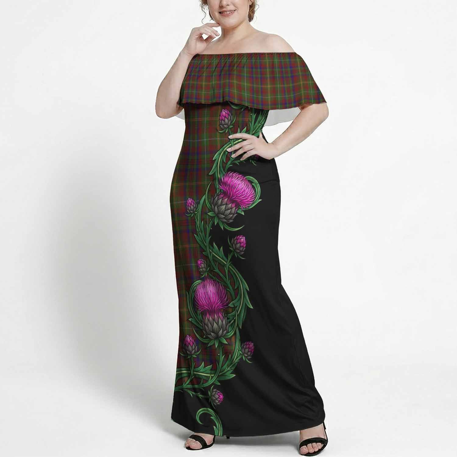MacMaster (McMaster) Tartan Off Shoulder Ruffle Maxi Dress Resilient Scottish Thistle