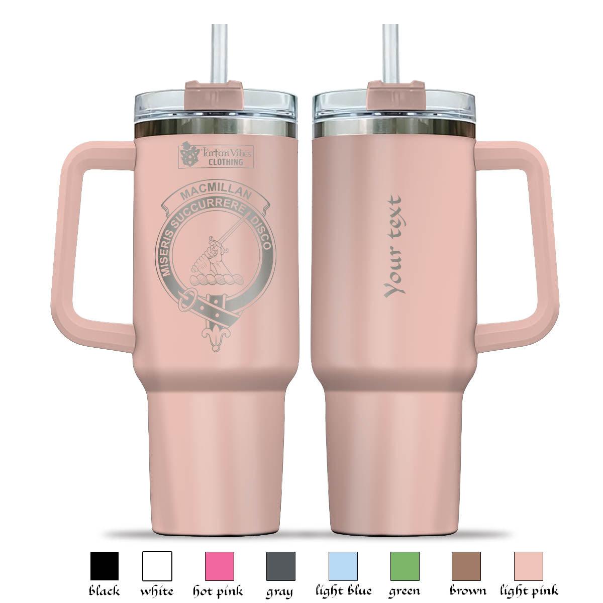 Tartan Vibes Clothing MacMillan Engraved Family Crest Tumbler with Handle