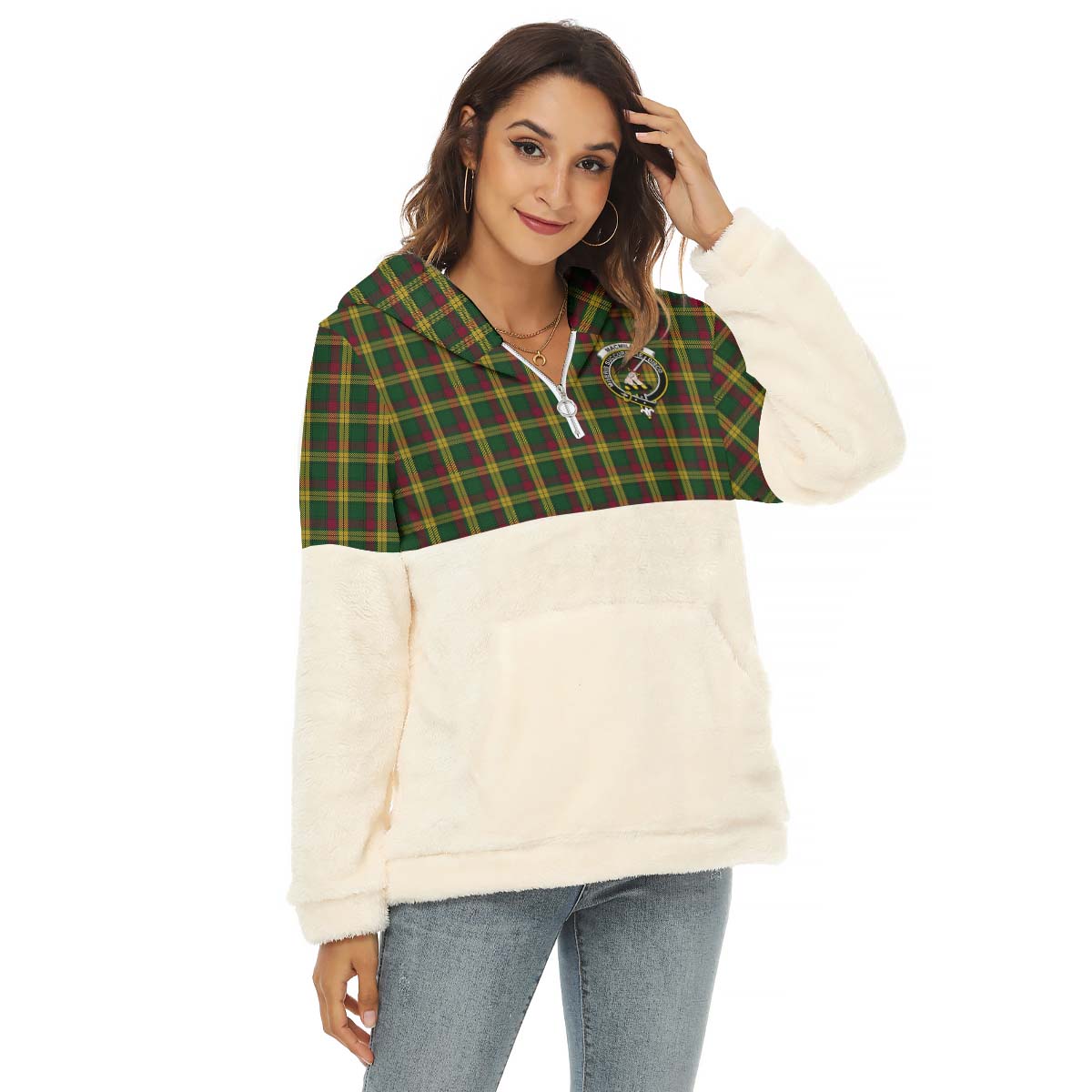 MacMillan (McMillan) Tartan Women's Borg Fleece Hoodie With Half Zip with Family Crest Female - Tartan Vibes Clothing