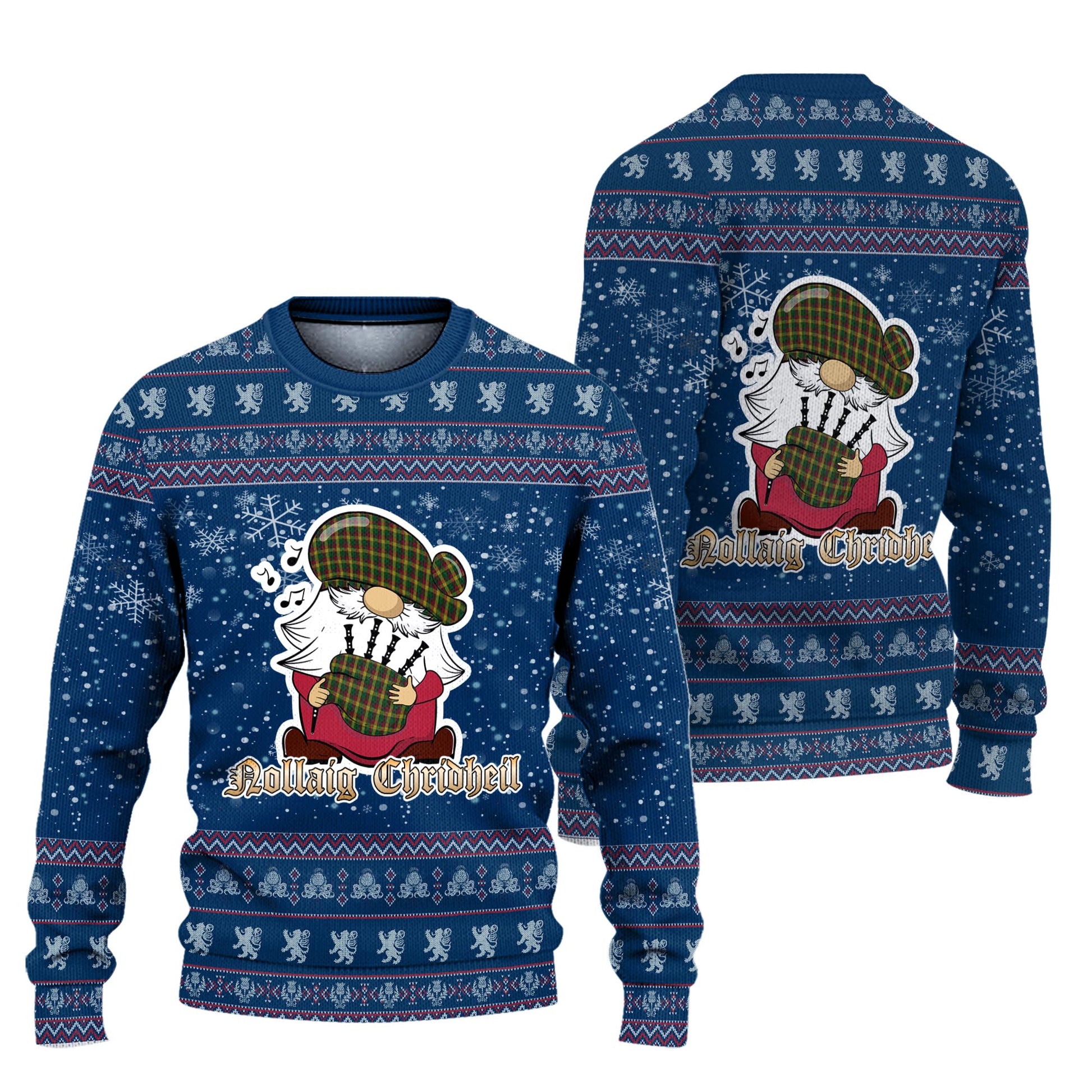 MacMillan Ancient Clan Christmas Family Knitted Sweater with Funny Gnome Playing Bagpipes Unisex Blue - Tartanvibesclothing