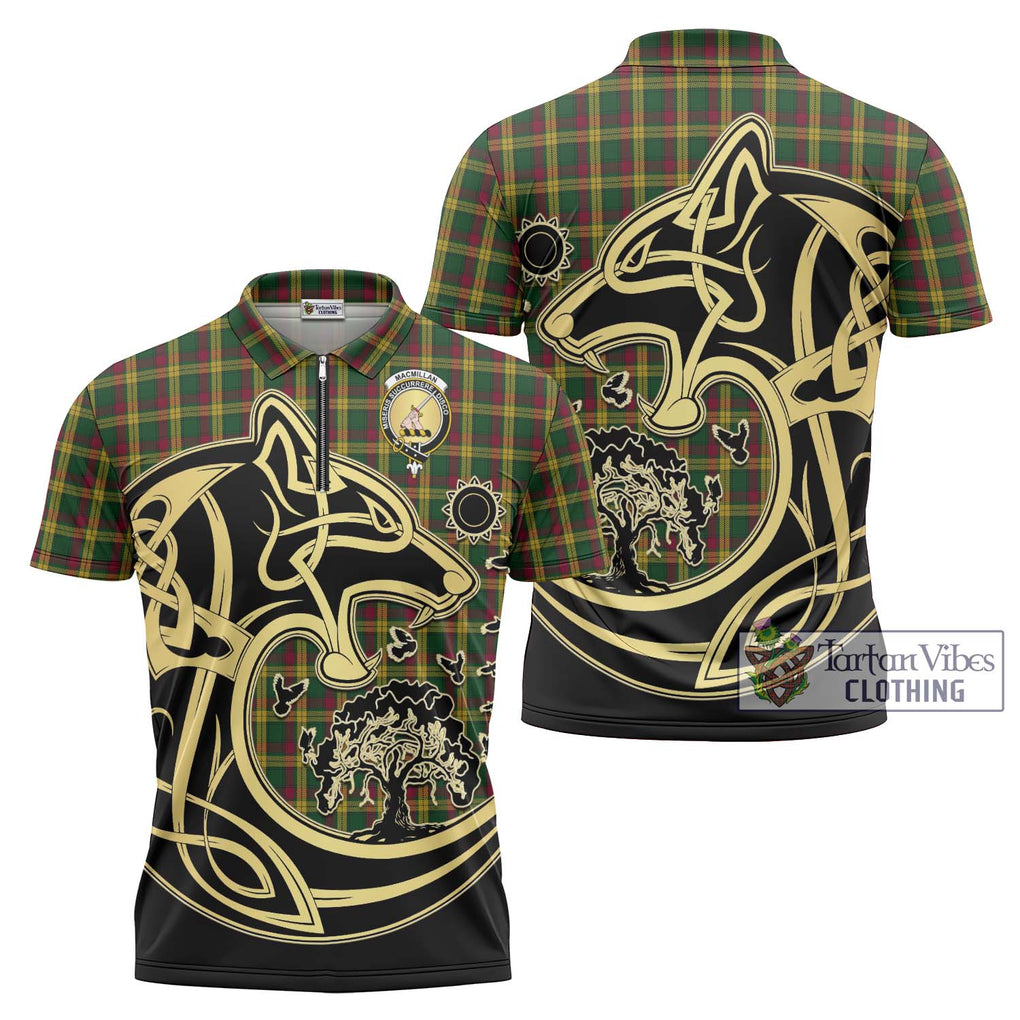 MacMillan (McMillan) Tartan Zipper Polo Shirt with Family Crest Celtic Wolf Style Unisex - Tartanvibesclothing Shop