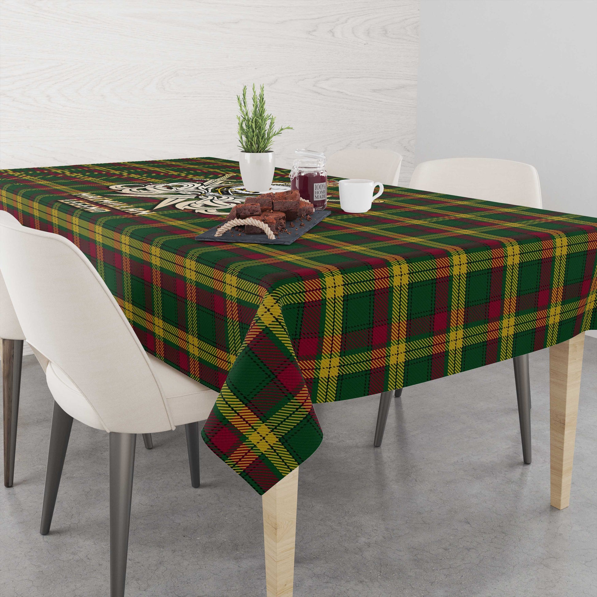 Tartan Vibes Clothing MacMillan Ancient Tartan Tablecloth with Clan Crest and the Golden Sword of Courageous Legacy