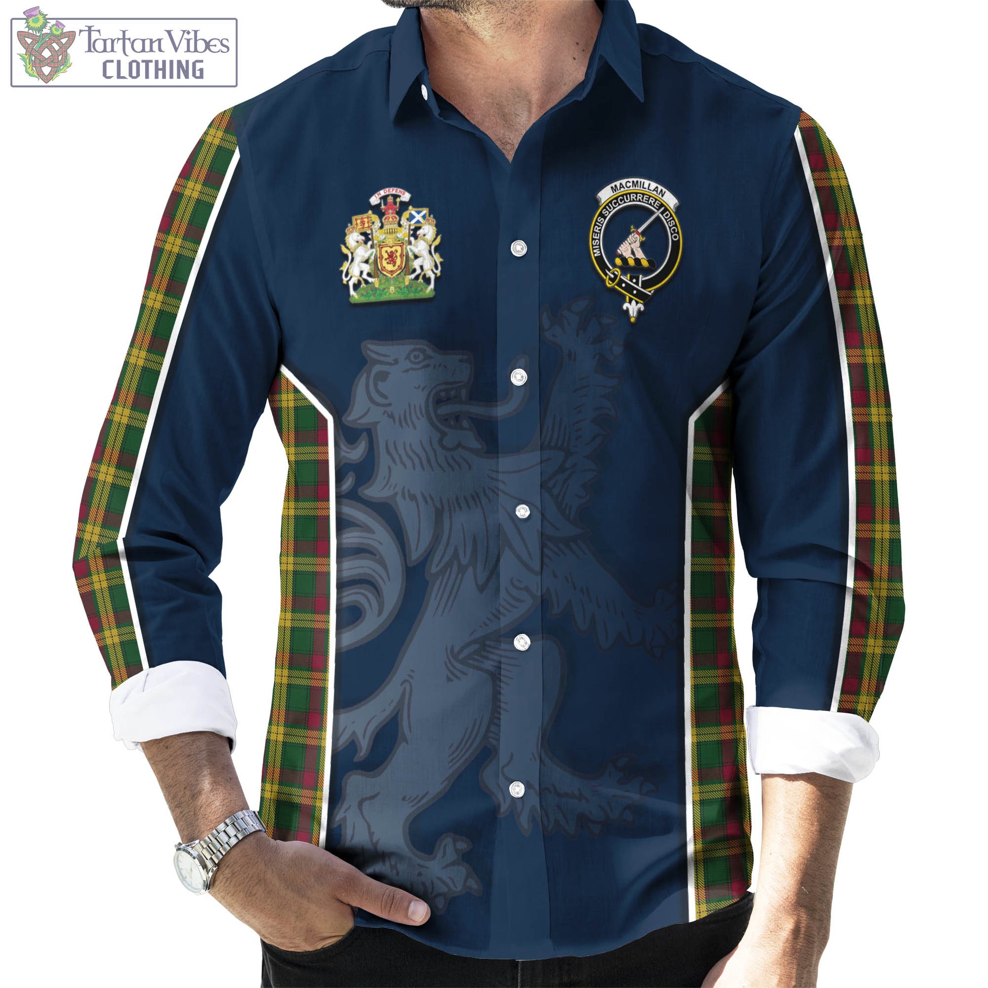 Tartan Vibes Clothing MacMillan Ancient Tartan Long Sleeve Button Up Shirt with Family Crest and Lion Rampant Vibes Sport Style