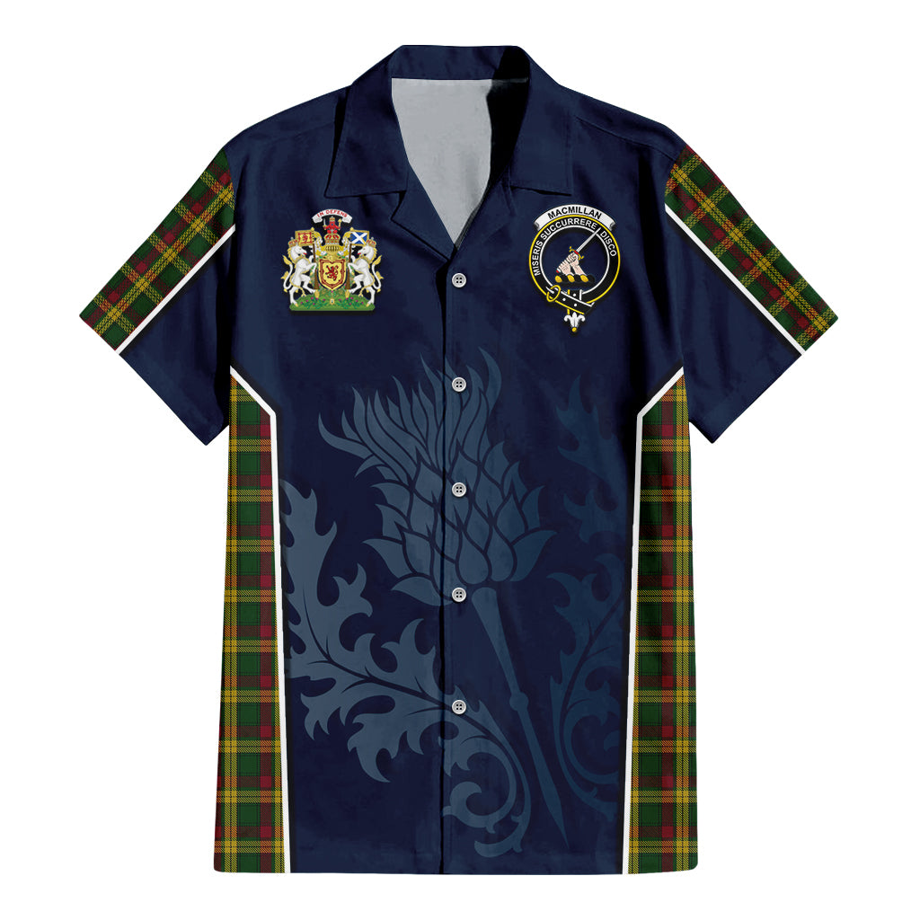 Tartan Vibes Clothing MacMillan Ancient Tartan Short Sleeve Button Up Shirt with Family Crest and Scottish Thistle Vibes Sport Style