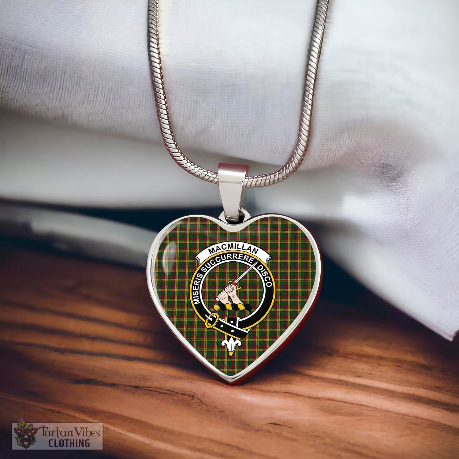 Tartan Vibes Clothing MacMillan Ancient Tartan Heart Necklace with Family Crest