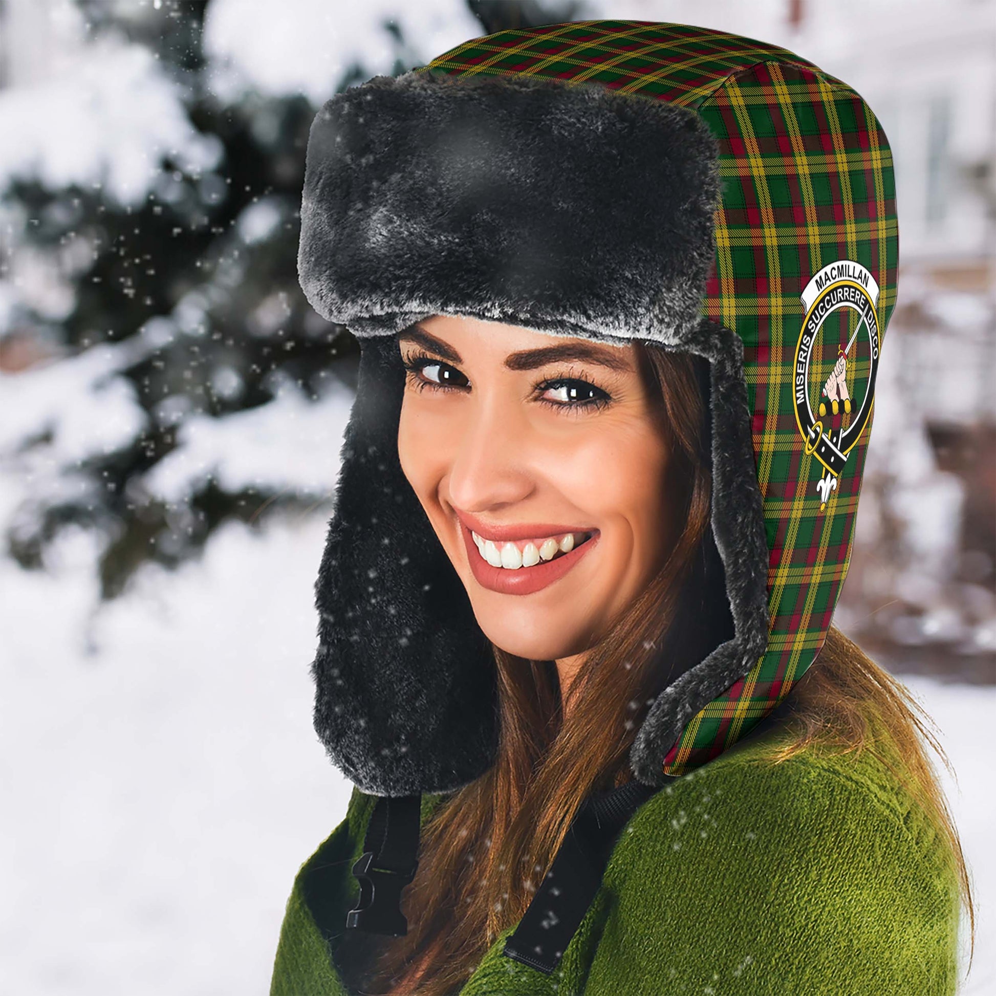 MacMillan Ancient Tartan Winter Trapper Hat with Family Crest - Tartanvibesclothing