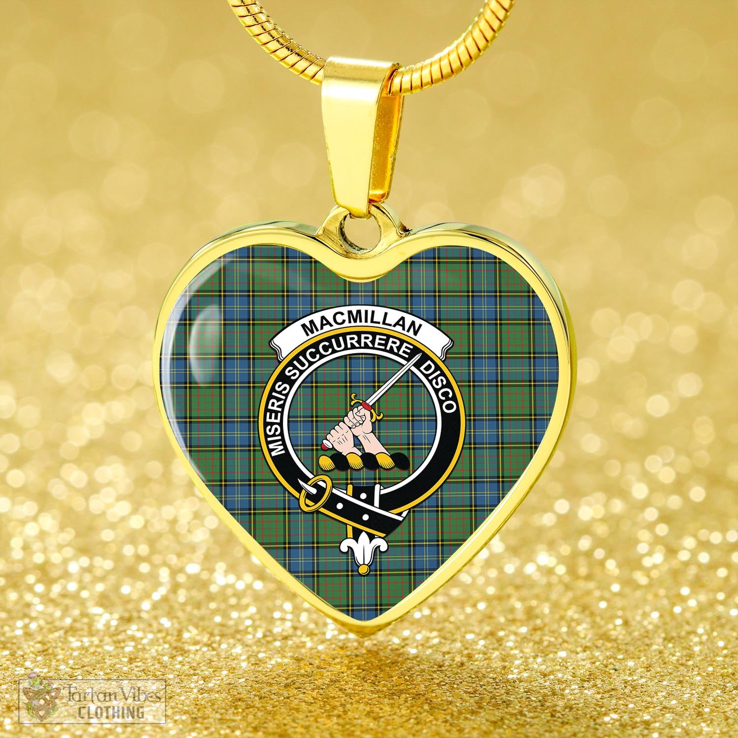 Tartan Vibes Clothing MacMillan Hunting Ancient Tartan Heart Necklace with Family Crest