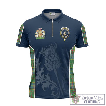 MacMillan Hunting Ancient Tartan Zipper Polo Shirt with Family Crest and Scottish Thistle Vibes Sport Style