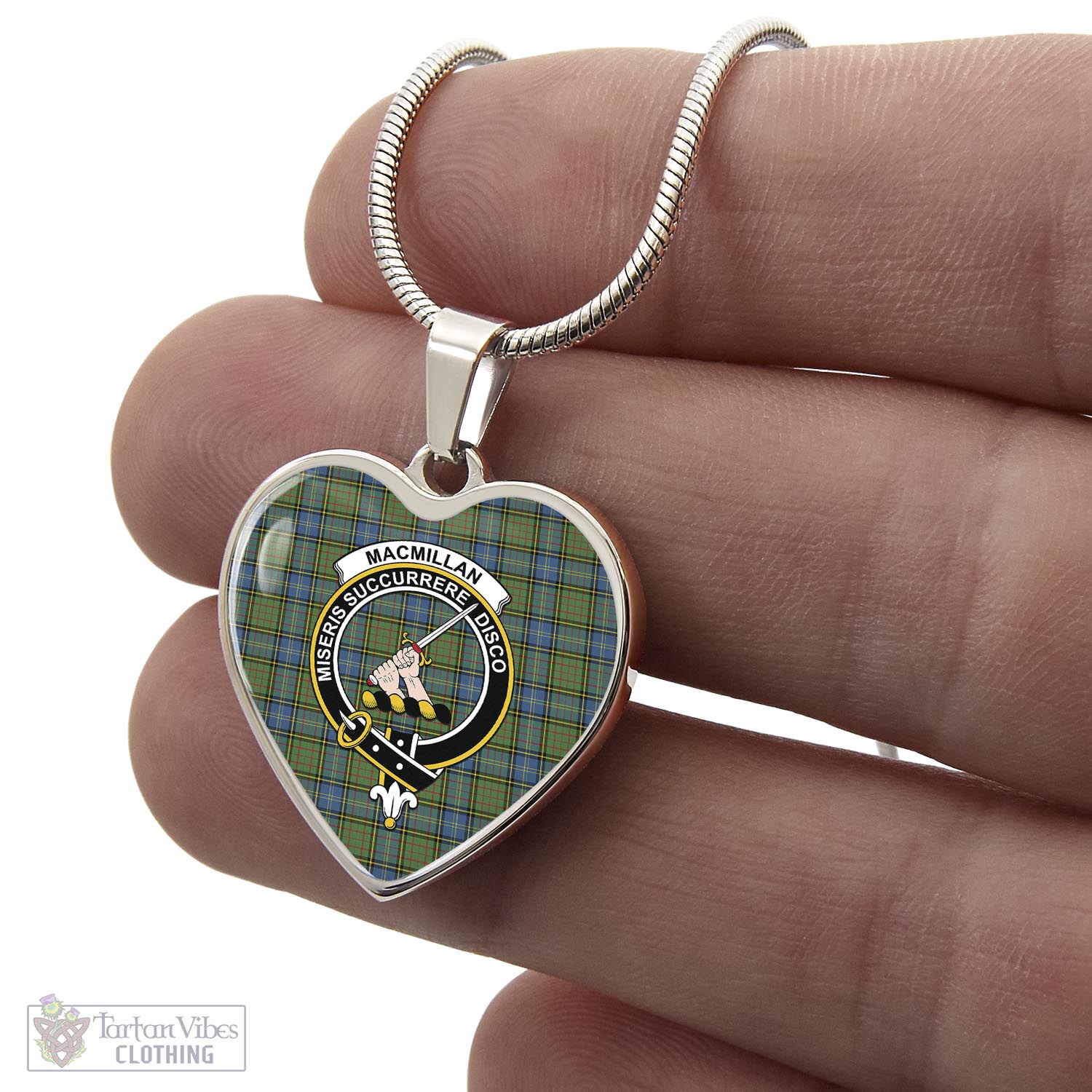 Tartan Vibes Clothing MacMillan Hunting Ancient Tartan Heart Necklace with Family Crest