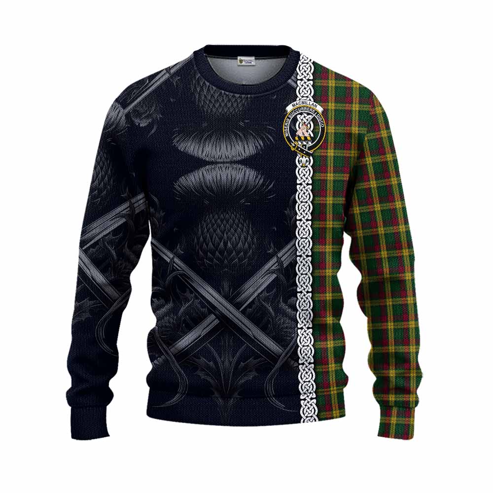 Tartan Vibes Clothing MacMillan (McMillan) Tartan Knitted Sweater with Family Crest Cross Sword Thistle Celtic Vibes