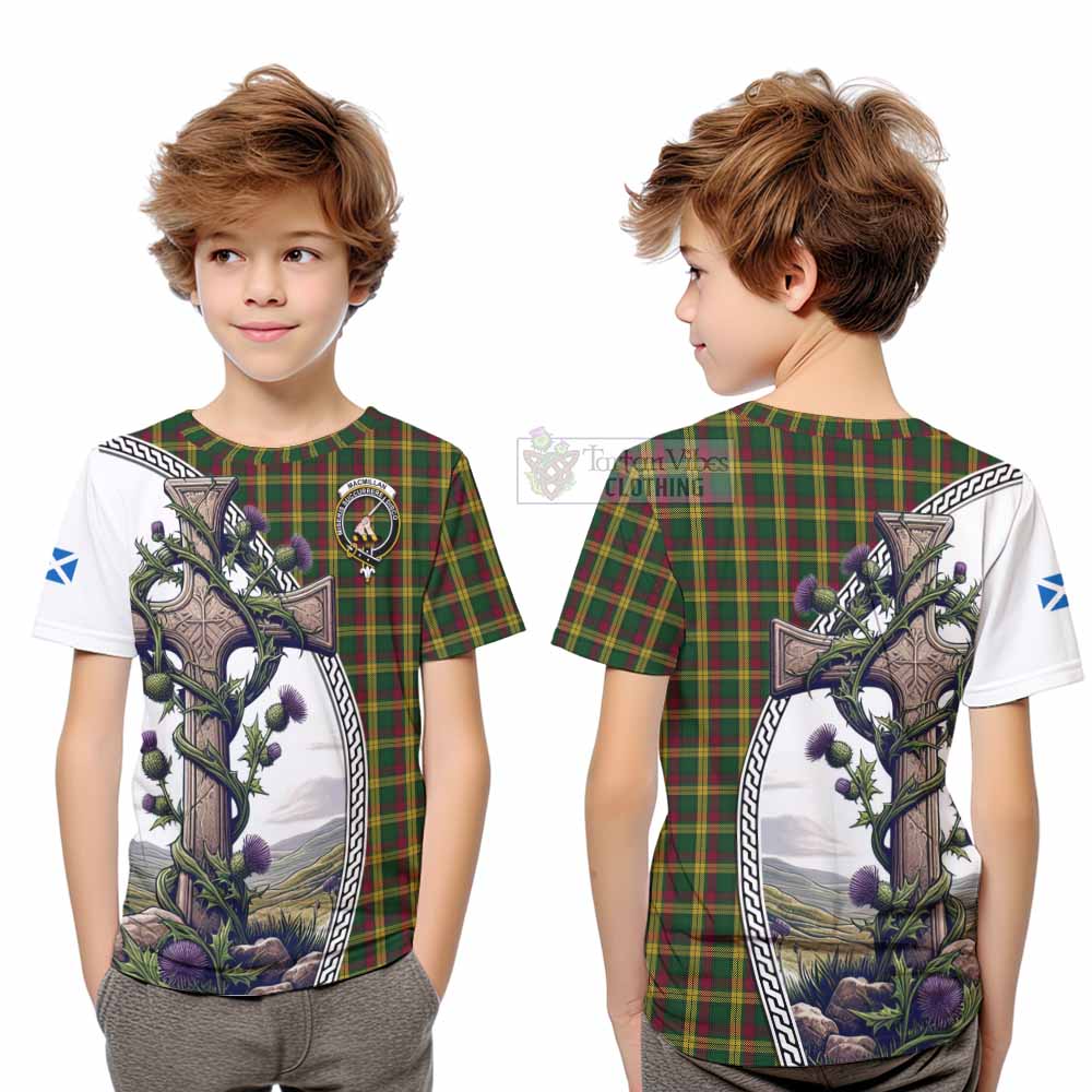Tartan Vibes Clothing MacMillan (McMillan) Tartan Kid T-Shirt with Family Crest and St. Andrew's Cross Accented by Thistle Vines