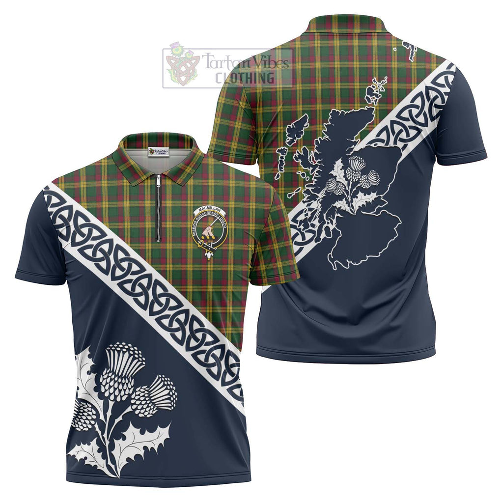 Tartan Vibes Clothing MacMillan (McMillan) Tartan Zipper Polo Shirt Featuring Thistle and Scotland Map