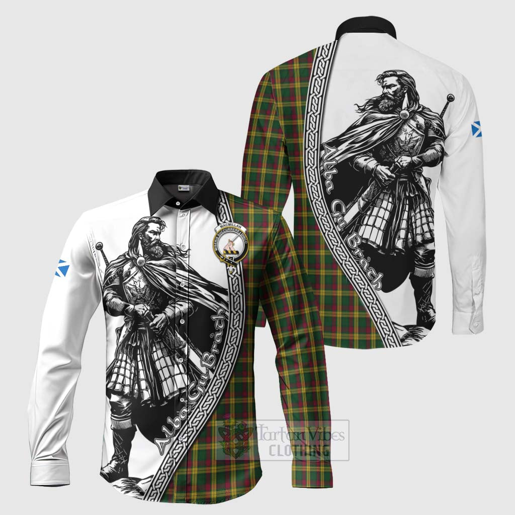 Tartan Vibes Clothing MacMillan (McMillan) Tartan Clan Crest Long Sleeve Button Shirt with Highlander Warrior Celtic Style