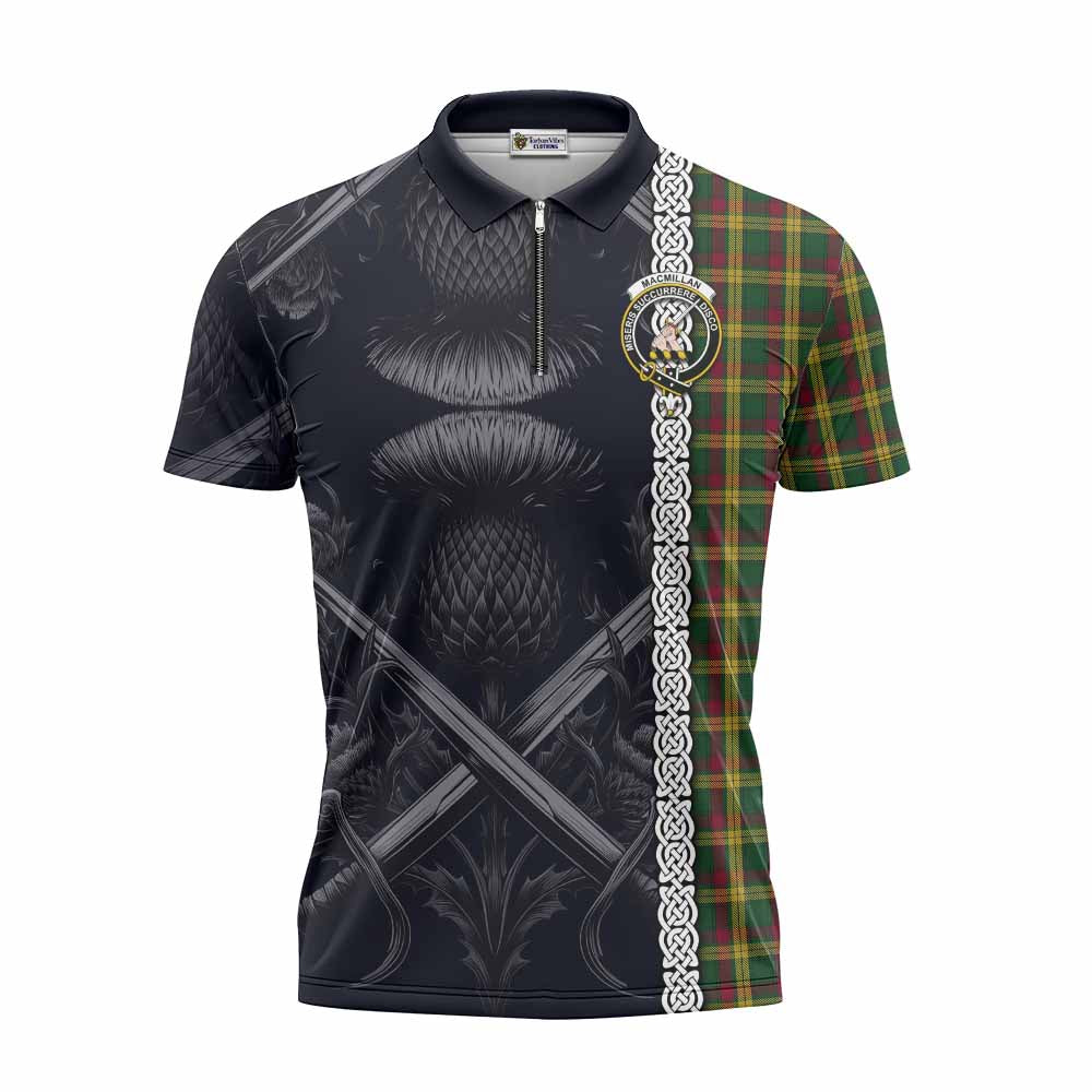 Tartan Vibes Clothing MacMillan (McMillan) Tartan Zipper Polo Shirt with Family Crest Cross Sword Thistle Celtic Vibes