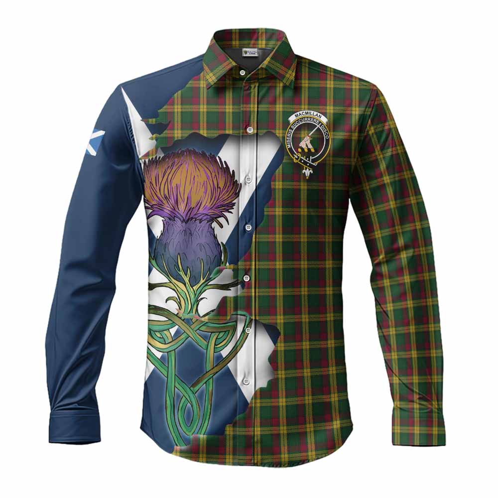 Tartan Vibes Clothing MacMillan (McMillan) Tartan Family Crest Long Sleeve Button Shirt Scottish Thistle Celtic Inspired