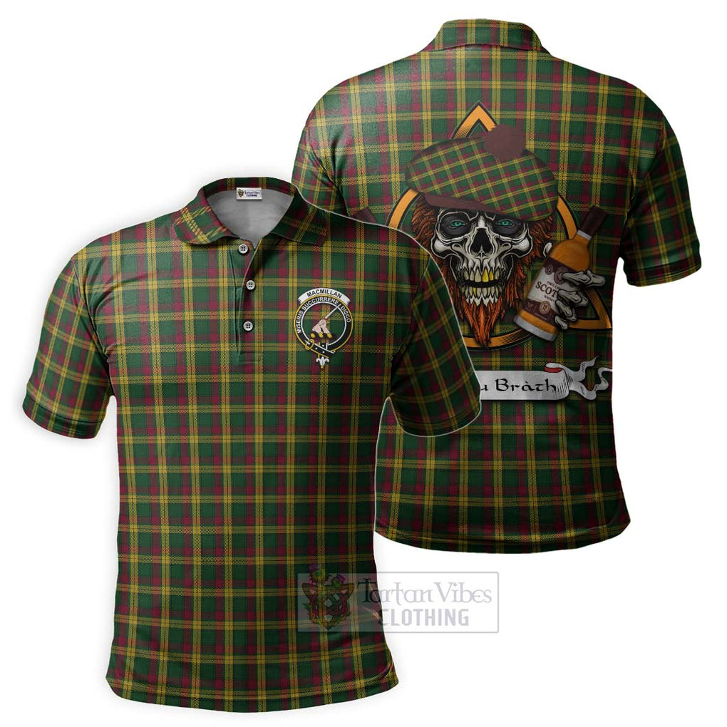 Tartan Vibes Clothing MacMillan (McMillan) Tartan Polo Shirt with Family Crest and Bearded Skull Holding Bottles of Whiskey